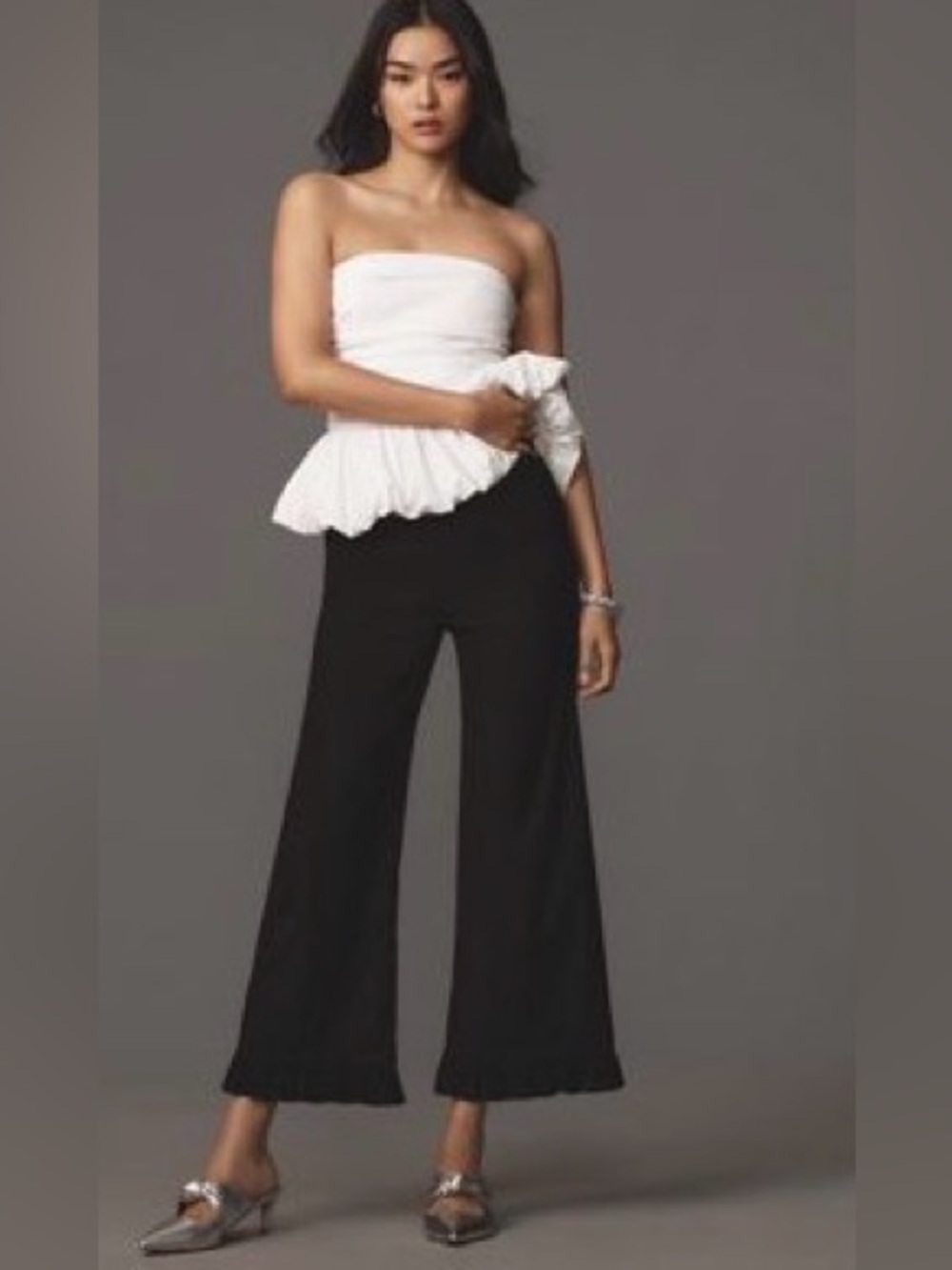 Maeve size 27 black ´Colette’ ruffle hem wide leg pants.